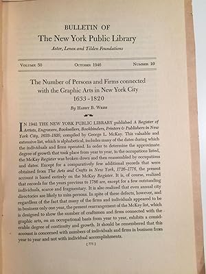 Seller image for Bulletin of The New York Public Library The Number of Persons and Firms connected with the Graphic Arts in New York City 1633 - 1820 for sale by WellRead Books A.B.A.A.