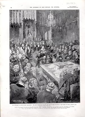 Seller image for ENGRAVING: "King Edward VII'and His First Parliament: The Lord Chancellor Reading the Message in the House of Lords".engravings from Special Number of the Illustrated London News, In Memoriam for sale by Dorley House Books, Inc.