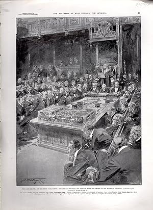 Seller image for ENGRAVING: "King Edward VII'and His First Parliament: The Speaker Reading the Message From the Crown in the House of Commons".engravings from Special Number of the Illustrated London News, In Memoriam for sale by Dorley House Books, Inc.