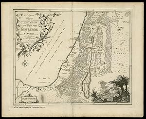 Bild des Verkufers fr [Atlas van het Heilige Land] De Iste Landkaart of Afbeelding van de Natuurlyke Gesteldheid des Lands Kanaan, waar in de Zen, rivieren, beeken gelyk ook de bergen, dalen, en vlakten, de woestynen enz. dezes lands, die in de H. Schrift genoemt zyn, worden aangewezen. [Heilige geographie of aardrijkskundige beschryving van het Joodsche land, etc., etc.] [ORIGINAL 18th CENTURY COPPERPLATE MAP OF THE HOLY LAND]. zum Verkauf von Librarium of The Hague