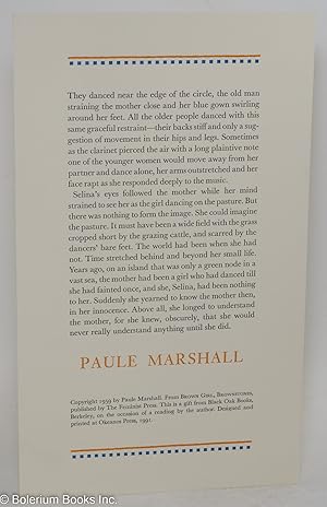 Seller image for Excerpted passage from Brown girl,l Brownstones; broadside for sale by Bolerium Books Inc.