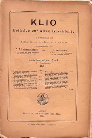 Seller image for Klio. Beitrge zur alten Geschichte. Hg. v. C.F. Lehmann- Haupt u. E. Kornemann. 21 Band (Neue Folge Bd. 3). Heft 1. 1926. for sale by Antiquariat Carl Wegner