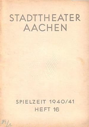 Image du vendeur pour Programm-Heft zu 'Martha'. Romantisch-Komische Oper in 4 Akten. Spielleitung: Rudolf E. Leisner. Bhnenbild: Fritz Riedl. Musikalische Leitung: Berthold Lehmann. Chorleitung: Wilhelm Pitz. Mitwirkende: Frida Mller, Ursula Kinzel, Frodewin Illert, Hannsjoachim Worringen, Kurt Joussen u.a. Auffhrung 'Stadttheater Aachen' am 29. Januar 1941. Intendant: Otto Kirchner. In 'Bltter des Stadttheaters Aachen', Spielzeit 1940 / 41, Heft 16. Im Inhalt: Texte zum Stck und zu Flotow. mis en vente par Antiquariat Carl Wegner