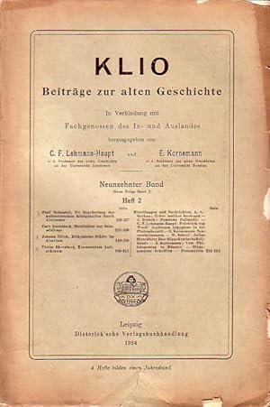 Bild des Verkufers fr Klio. Beitrge zur alten Geschichte. Hg. v. C.F. Lehmann- Haupt u. E. Kornemann. Neunzehnter Band (Neue Folge Bd. 1). Heft 2. 1924. zum Verkauf von Antiquariat Carl Wegner