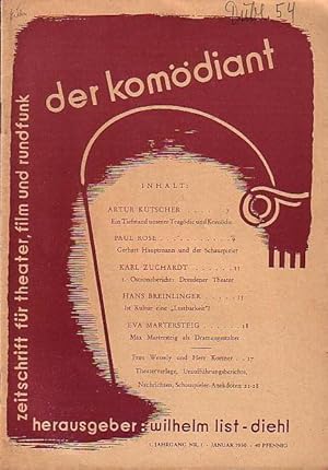 Seller image for Der Komdiant'. Zeitschrift fr Theater, Film und Rundfunk. Jahrgang 1, Nr. 1, Januar 1950. U.a. mit Beitrgen von: Artur Kutscher, Paul Rose, Karl Zuchardt, Hans Breinlinger, Eva Martersteig. for sale by Antiquariat Carl Wegner