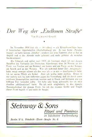 Bild des Verkufers fr Programm-Heft zu 'Die endlose Strae'. Ein Frontstck in vier Bildern. Regie: Leopold Lindtberg. Bhnenbilder:Traugott Mller. Mitwirkende: Walter Franck, Fritz Genschow, Carl Hannemann, Erik Ode, Martin Hartwig, Bernhard Minetti, Alexander Granach, Veit Harlan, Albert Florath, Hans Otto, Clemens Hasse, Paul Bildt u.a. Auffhrung 'Schiller-Theater, Berlin. Im Inhalt: Graff 'Der Weg der 'Endlosen Strae'. zum Verkauf von Antiquariat Carl Wegner