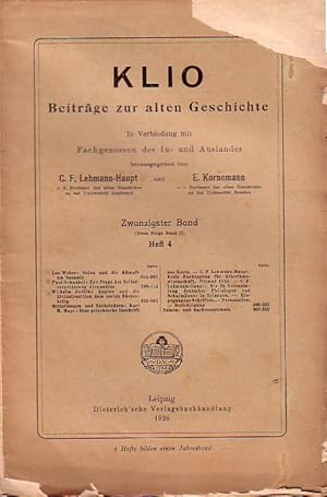 Bild des Verkufers fr Klio. Beitrge zur alten Geschichte. Hg. v. C.F. Lehmann- Haupt u. E. Kornemann. 20 Band (Neue Folge Bd. 2). Heft 4. 1926. zum Verkauf von Antiquariat Carl Wegner