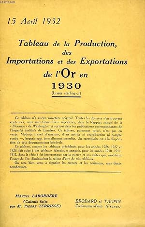 Seller image for TABLEAU DE LA PRODUCTION, DES IMPORTATIONS ET DES EXPORTATIONS DE L'OR EN 1930 (LIVRES STERLING-OR) for sale by Le-Livre