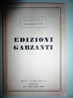 "LISTINO N.° 3 NOVEMBRE 1960 EDIZIONI GARZANTI"