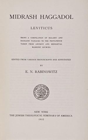 Seller image for Midrash Haggadol: Leviticus. Being a Compilation of Halakic and Haggadic Passages to the Pentateuch Taken From Ancient and Mediaeval Rabbinic Sources for sale by ERIC CHAIM KLINE, BOOKSELLER (ABAA ILAB)