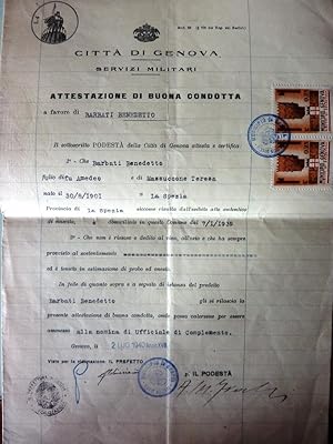 Militaria, Documento "CITTA' DI GENOVA, Servizi Militari - ATTESTAZIONE DI BUONA CONDOTTA a favor...