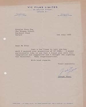 Typed letter signed, to Douglas Eves, The Dragon School, Oxford, congratulating him on his produc...