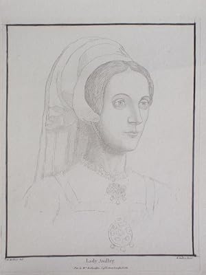 An Original Antique Etching from Hans Holbein's Court of Henry VIII Illustrating Lady Audley. Pub...