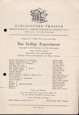 Immagine del venditore per Das heilige Experiment. Programmzettel 1949, 11. M�rz. Inszenierung: Boleslaw Barlog, mit u. a.: Werner Schott, Herbert Wilk, Paul Wagner, Franz Stein, Victor Janson, Gerhard Jeschke, Georg V�lkel. venduto da Antiquariat Carl Wegner