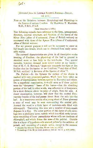 Immagine del venditore per Note on the Relations between Morphology and Physiology in the Leaves of certain Conifers. Read December 4, 1879. Extracted from the Linnean Society s Journal-Botany, Vol. XVII. venduto da Antiquariat Carl Wegner