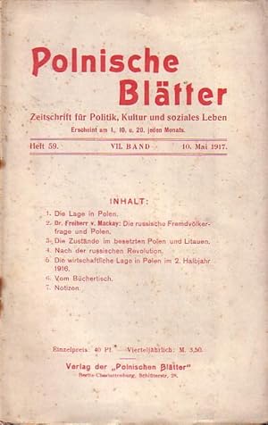 Seller image for Polnische Bltter. Zeitschrift fr Politik, Kultur und soziales Leben. VII. Band. Heft 59 vom 10. Mai 1917. for sale by Antiquariat Carl Wegner