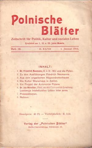 Seller image for Polnische Bltter. Zeitschrift fr Politik, Kultur und soziales Leben. II. Band. Heft 10 vom 1. Januar 1916. for sale by Antiquariat Carl Wegner