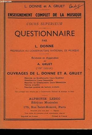 Bild des Verkufers fr ENSEIGNEMENT COMPLET DE LA MUSIQUE. COURS SUPERIEUR. QUESTIONNAIRE. zum Verkauf von Le-Livre