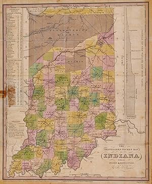 THE TRAVELLERS POCKET MAP OF INDIANA WITH ITS ROADS & DISTANCES.