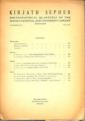 Seller image for KIRJATH SEPHER. Bibliographical Quartely of The Jewis National and University Library. Vol. XXXVII. N 3. for sale by angeles sancha libros