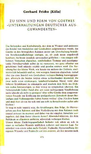 Bild des Verkufers fr Zu Sinn und Form von Goethes "Unterhaltungen deutscher Ausgewanderten". zum Verkauf von Antiquariat Carl Wegner