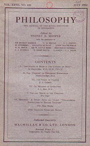 Bild des Verkufers fr Philosophy. The Journal of the Royal Institute of Philosophy. Vol. XXVII. No. 102. July 1952. zum Verkauf von Antiquariat Carl Wegner