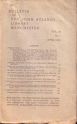 Seller image for Bulletin of the John Rylands Library Manchester Vol. 22, N 1. April 1938. for sale by Antiquariat Carl Wegner