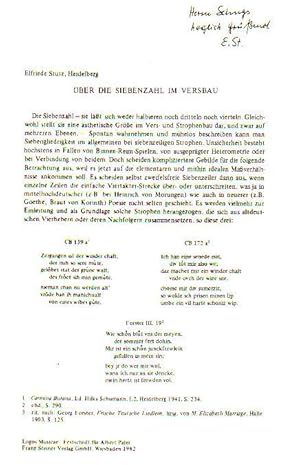 Image du vendeur pour ber die Siebenzahl im Versbau. Aus: Logos Musicae - Festschrift fr Albert Palm. mis en vente par Antiquariat Carl Wegner