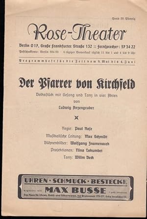 Bild des Verkufers fr Programmheft zu: Der Pfarrer von Kirchfeld. Volksstck mit Gesang und Tanz in vier Akten. Regie: Paul Rose. Musikalische Leitung: Max Schmidt. Bhnenbilder: Wolfgang Znamenacek. Projektionen. Nina Tokumbet. Tanz: Willm Beck. An der Orgel: Erich Kraemer. Darsteller: Otto Bredow, Helmuth Brennicke, Ferdinand Asper, Marianne Bratt, Alfred Ganzer, Doris Krger, Lutz Gtz, Paul Rose, Rudolf Hofbauer u.a. Mit Inhaltsangabe, Spielplan 1938 / 1939 u. a. zum Verkauf von Antiquariat Carl Wegner