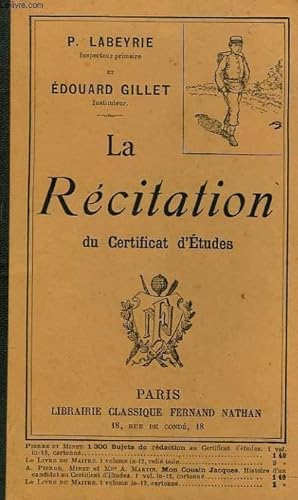 Bild des Verkufers fr LA RECITATION DU CERTIFICAT D'ETUDES zum Verkauf von Le-Livre