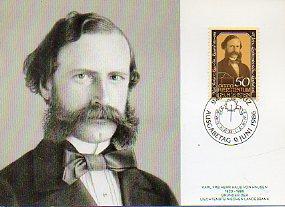 Imagen del vendedor de Filatelia. Carte Maximun Officielle. SONDERMARKE " 125 JAHRE LIECHTENSTEINISCHE LANDESBANK". Bestell Nr. 2150. EWALD FRICK: PORTRT KARL FREIHERR HAUS VON HAUSEN, 1823-1889. GRNDER DEL LIECHTENSTEINISCHEN LANDESBANK. Primer da de circulacin. a la venta por angeles sancha libros