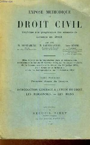 Seller image for EXPOSE METHODIQUE DE DROIT CIVIL CONFORME AUX PROGRAMMES DES EXAMENS DE LICENCE EN DROIT - TOME PREMIER PREMIERE ANNEE DE LICENCE - INTRODUCTION GENERALE A L'ETUDE DU DROIT - LES PERSONNES - LES BIENS for sale by Le-Livre