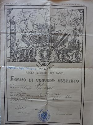 "REGNO D'ITALIA - REGIO ESERCITO ITALIANO, FOGLIO DI CONGEDO ASSOLUTO, 1° Reggimento Bersaglieri ...