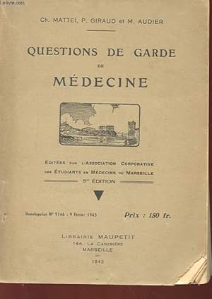 Image du vendeur pour QUESTIONS DE GARDE DE MEDECINE mis en vente par Le-Livre