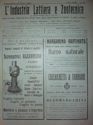"Reggio Emilia, 15 Agosto 1920 - L'INDUSTRIA LATTIERA E ZOOTECNICA ( L'INDUSTRIA DEL LATTE ). Org...
