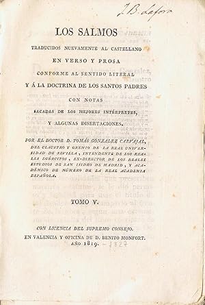 Bild des Verkufers fr LOS SALMOS TRADUCIDOS NUEVAMENTE AL CASTELLANO EN VERSO Y PROSA CONFORME AL SENTIDO LITERAL Y  LA DOCTRINA DE LOS SANTOS PADRES. Tomo V.(de VI) zum Verkauf von Librera Torren de Rueda