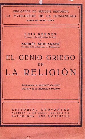 EL GENIO GRIEGO EN LA RELIGION. Traducción de Vicente Clavel