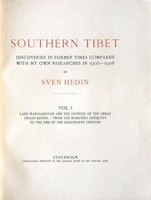 Image du vendeur pour SOUTHERN TIBET. Discoveries in former times compared with my own researches in 1906-1908 by Sven Hedin. [vol. I] Lake Manasarovar and the sources of the great Indian Rivers. from the remotest antiquity to the end of the eighteenth century. [vol. II] Lake Manasarovar and the sources of the great Indian Rivers. from the remotest antiquity to the end of the eighteenth century to 1913. [vol. III] Transhimalaya. [vol. IV] Kara-Korum and Chang-Tang. [vol. V] Petrographie und Geologie von prof. Dr Anders Henning. [vol. VI] Part I. Die Meteorologischen Beobachtungen Bearbeitet von prof. Dr Nils Ekholm. Part II. Les Observations Astronomiques calcules et rdiges par le Dr K. G. Olsson. Part III. Botany by prof. Dr C. H. Ostenfeld ( ) mis en vente par LIBRAIRIE HRODOTE JEAN-LOUIS CECCARINI