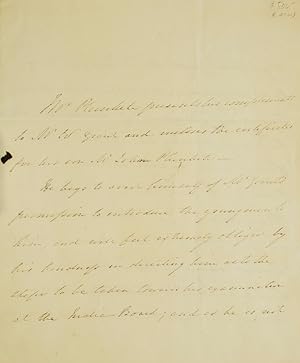 Seller image for Copy of a Letter of introduction to W. Grant, requesting Grant's assistance and direction for his son, John Plunkett (1793-1871), 3rd Baron, "to the steps to be taken toward his examination at the India Board." for sale by James Cummins Bookseller, ABAA