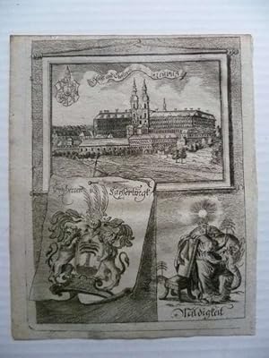 Leubus bei Breslau - Stifft und Closter. Ansicht der Klosteranlage, darunter Wappen der Freiherre...