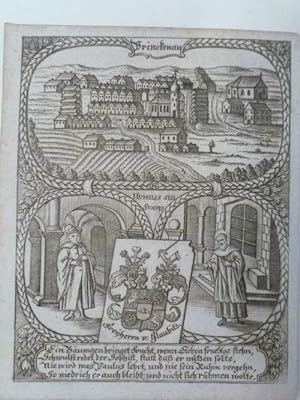 Prinkenau Kr. Sprottau - Princkenau. Stadtansicht im Oval, darunter Wappen der Freiherren von Gla...