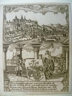 Glatz. Stadtansicht, darunter Wappen der von Puttkamer und allegorische Darstellung mit Spruch.
