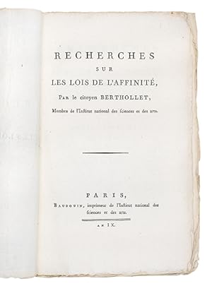 Bild des Verkufers fr Recherches sur les Lois de l'Affinit. zum Verkauf von Librairie HATCHUEL