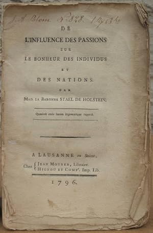 Seller image for De l'influence des passions sur le bonheur des individus et des nations. for sale by Antiquaria Bok & Bildantikvariat AB