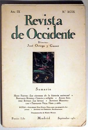 Imagen del vendedor de REVISTA DE OCCIDENTE. Ao IX. n XCIX ( 99 ). Septiembre 1931 a la venta por Llibres del Mirall