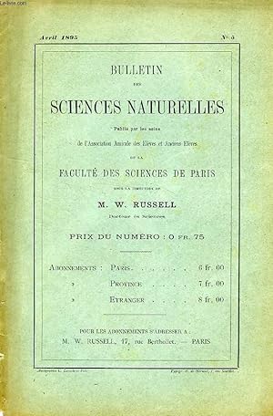 Image du vendeur pour BULLETIN DES SCIENCES NATURELLES DE LA FACULTE DES SCIENCES DE PARIS, N 5, AVRIL 1895 mis en vente par Le-Livre