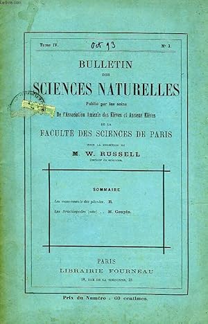 Image du vendeur pour BULLETIN DES SCIENCES NATURELLES DE LA FACULTE DES SCIENCES DE PARIS, TOME IV, N 2, OCT. 1893 mis en vente par Le-Livre