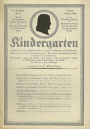 Imagen del vendedor de Kindergarten. Zeitschrift fr die sozialpdagogischen Aufgaben in Familie und Volksgemeinschaft unter besonderer Bercksichtigung der Kleinkinder- und Schulkinderpflege. Schriftleitung: Elfriede Strnad. Jahrgang 70, Nr. 2, Leipzig, Februar 1929. Organ des Deutschen Frbel-Verbandes.und der Berufsorganisation der Kindergrtnerinnen, Hortnerinnen und Jugendleiterinnen E.V. Im Inhalt Beitrge u.a. von: O. Karstdt, Erna Corte, Hans Nevermann, Maria Greve. a la venta por Antiquariat Carl Wegner