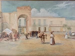 [Painting] Watercolor of a plaza in Zacatecas Mexico, showing market area, sellers, peasants mill...