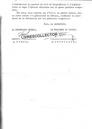 Image du vendeur pour PRISE DE POSITION FACE AU SOMMET DE L'O.U.A D'ACCRA DU 21 AU 26 OCTOBRE 1965. (signe par Gaston Soumialot et Gabriel Yumbu) mis en vente par LIVRESCOLLECTOR